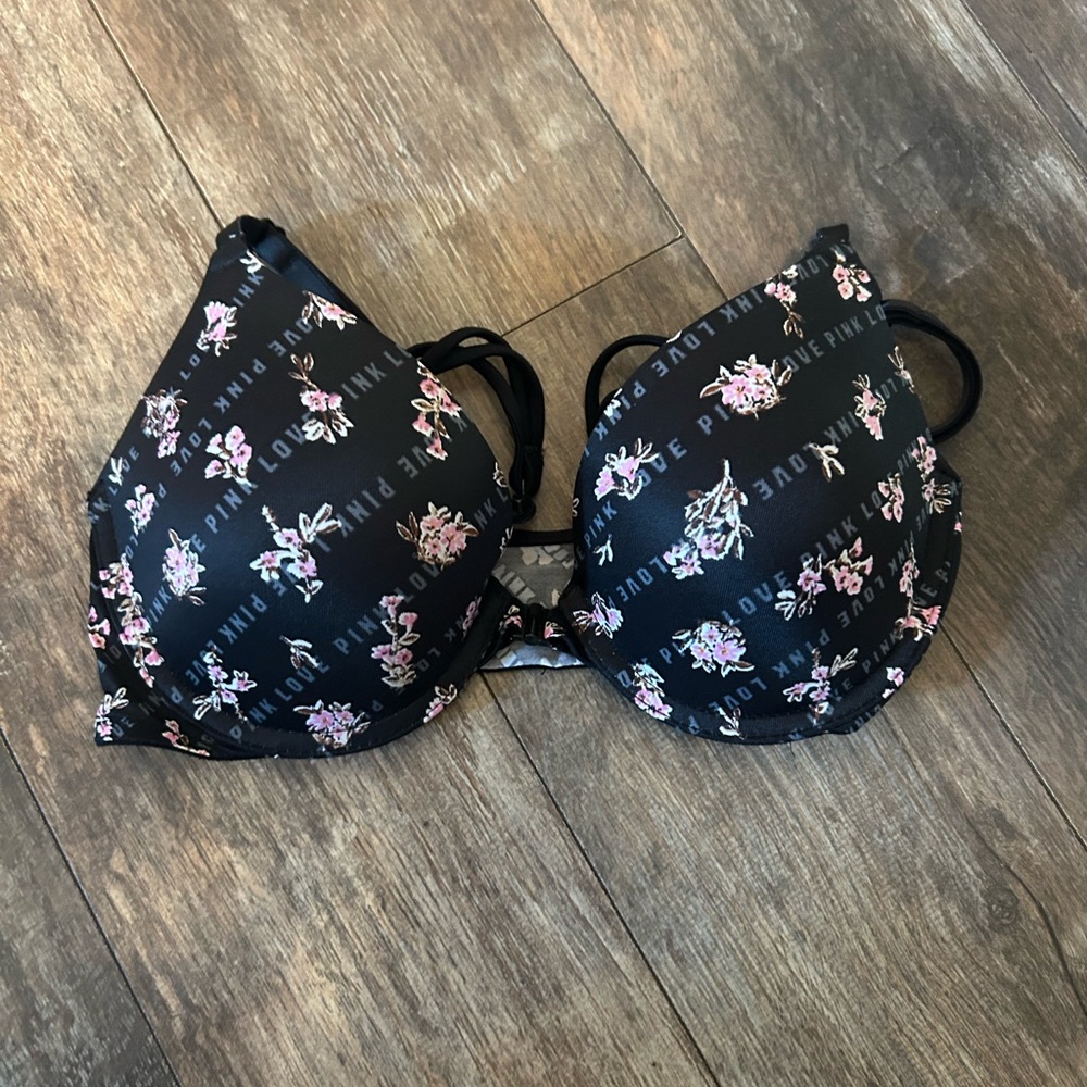 PINK Victoria's Secret Black and Pink Floral Bra